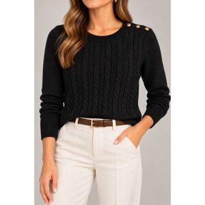 Talbots Black Cable Knit Sweater Petite Small Gold Button Cotton Blend Preppy